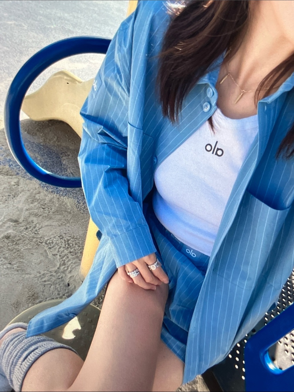 ALO Yoga Teal Blue Pinstripe Button-Up Shirt